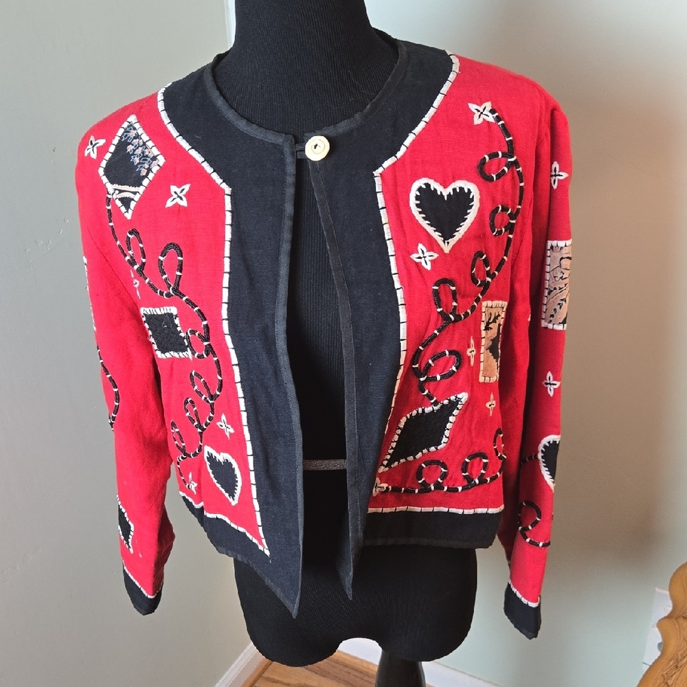 Vintage Red and Black Heart Embroidered Jacket